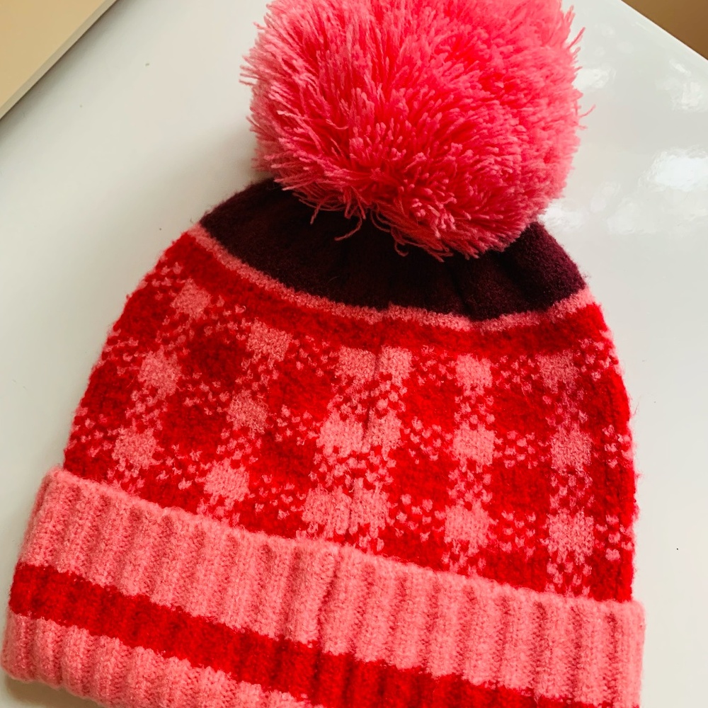 Shiraleah pink red plaid "Zoey" hat toboggan beanie pompom